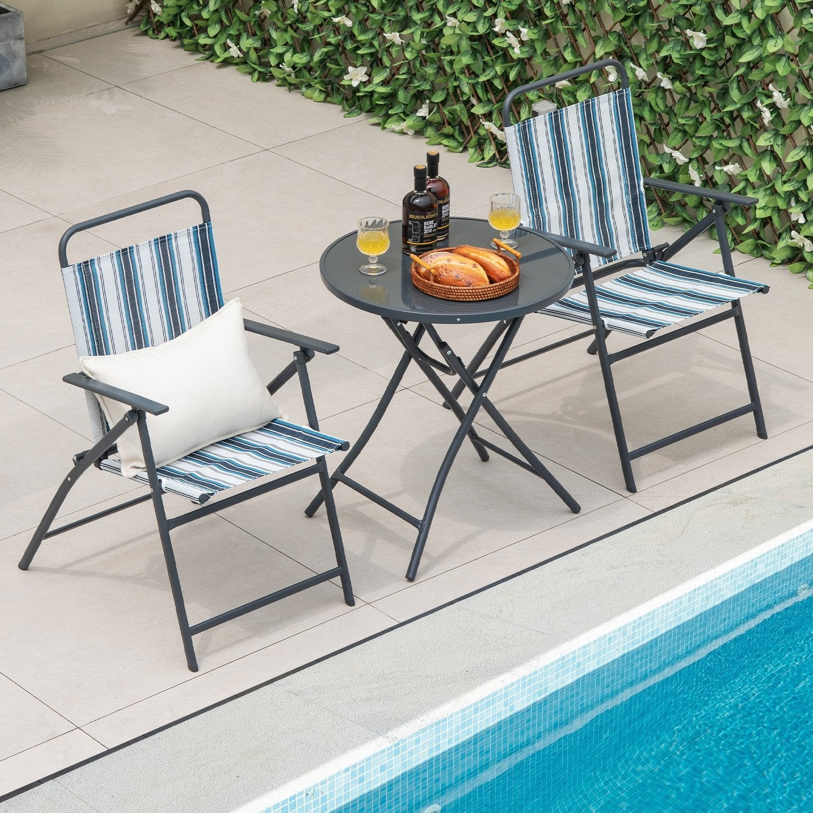 3 Pieces Outdoor Folding Chair Set Portable Folding Chair Set, Blue Patio Furniture Sets   at Gallery Canada