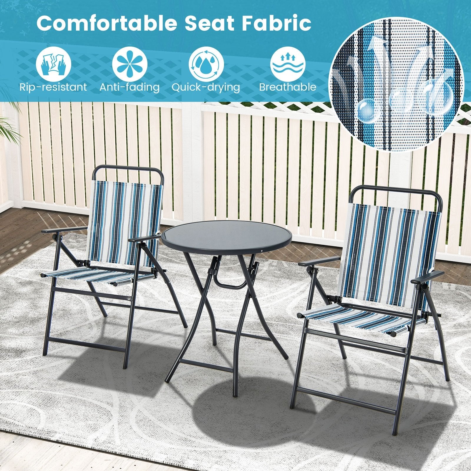 3 Pieces Outdoor Folding Chair Set Portable Folding Chair Set, Blue Patio Furniture Sets   at Gallery Canada