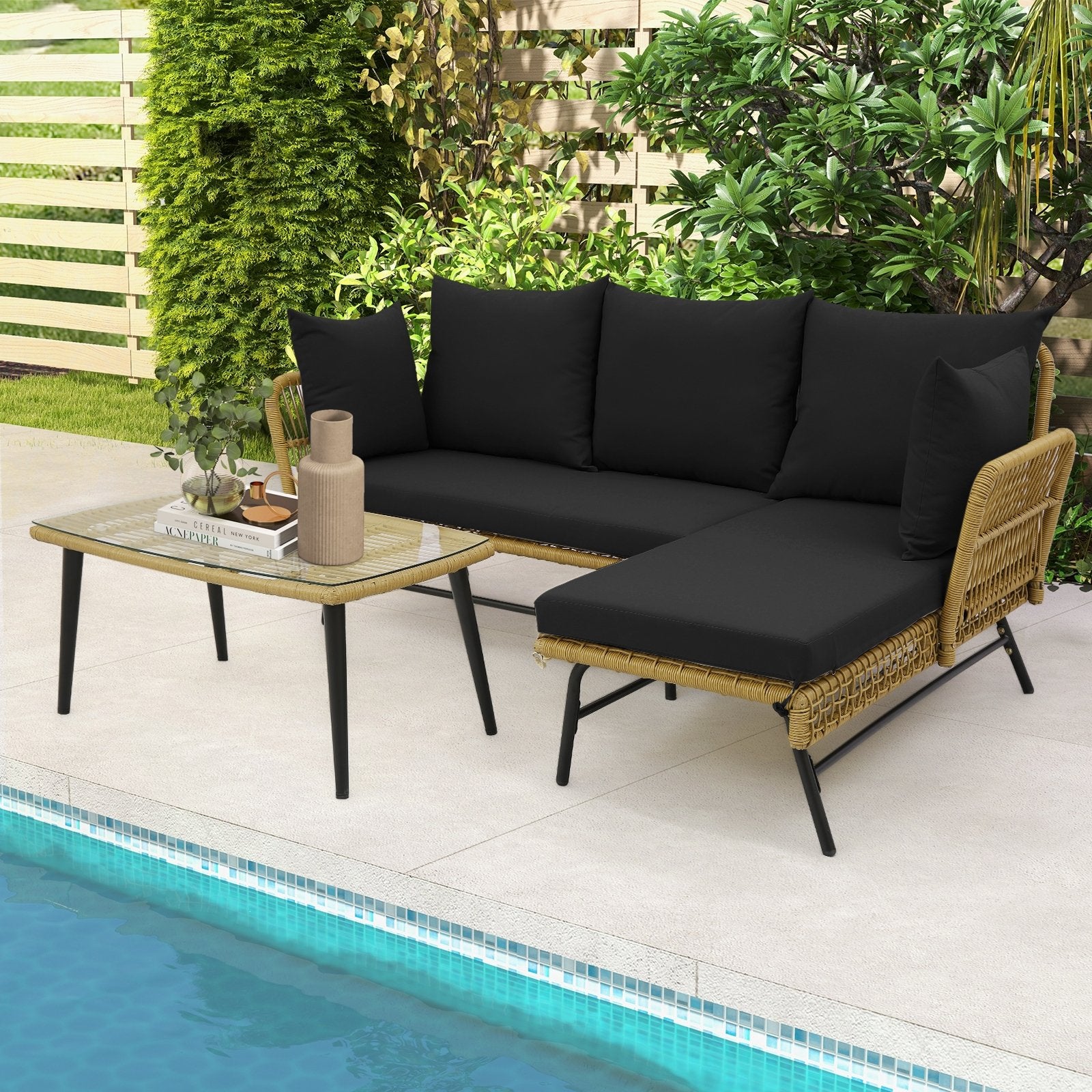 3 Pieces L-Shaped Patio Sofa with Cushions and Tempered Glass Table, Black Patio Conversation Sets   at Gallery Canada