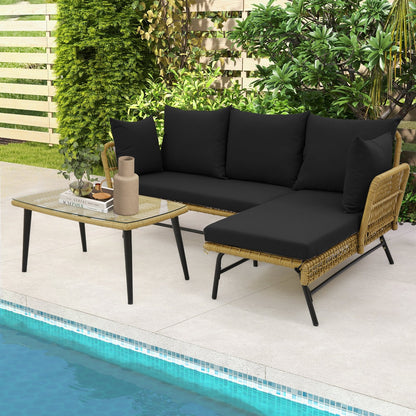 3 Pieces L-Shaped Patio Sofa with Cushions and Tempered Glass Table, Black Patio Conversation Sets   at Gallery Canada