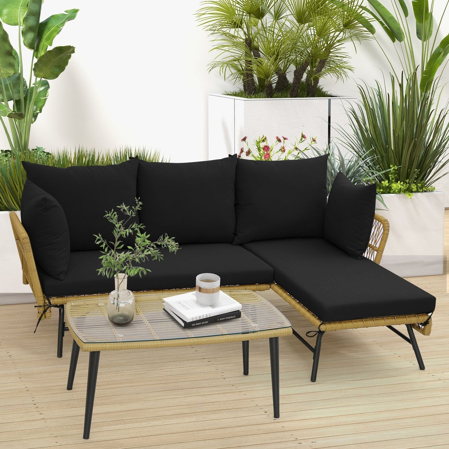 3 Pieces L-Shaped Patio Sofa with Cushions and Tempered Glass Table, Black Patio Conversation Sets   at Gallery Canada