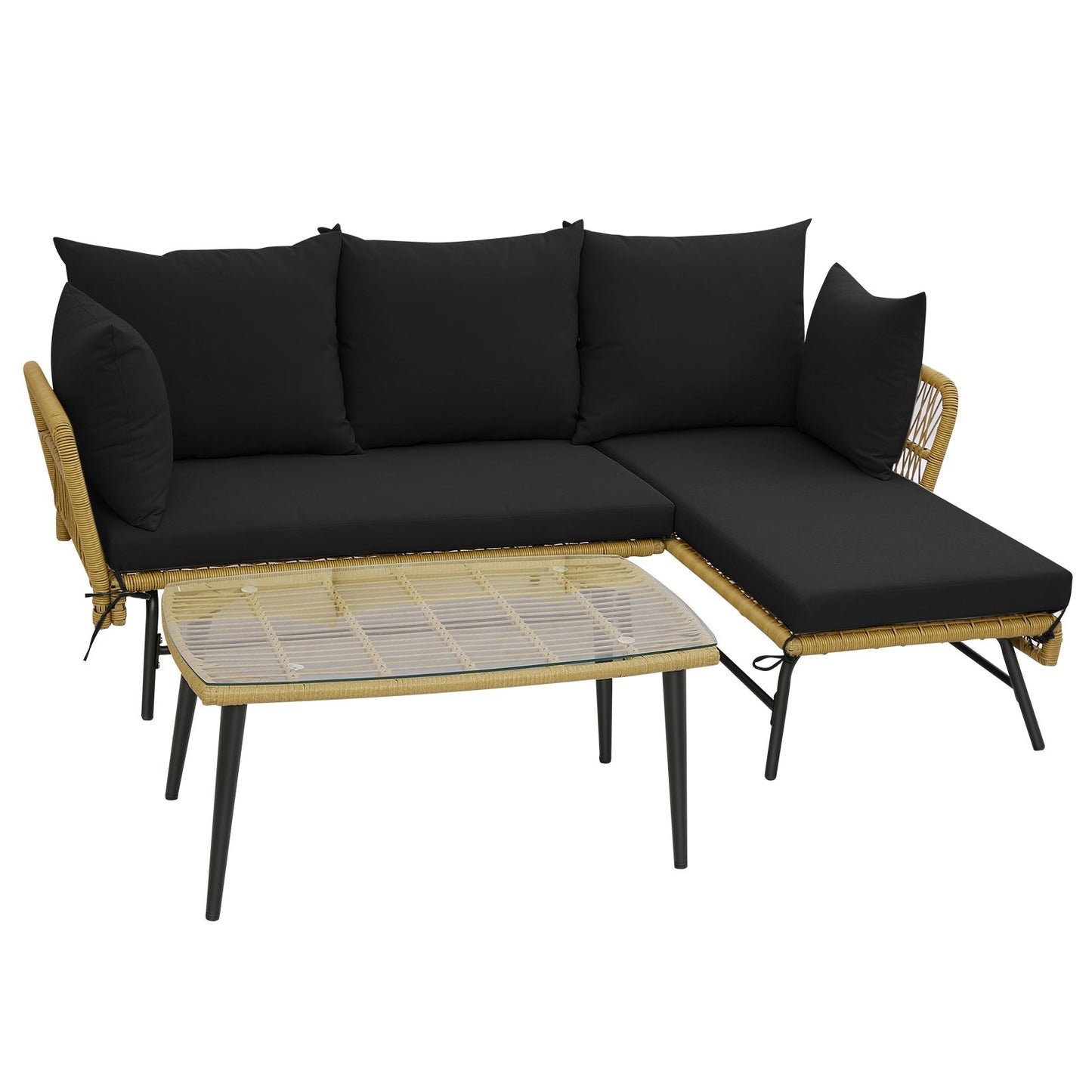 3 Pieces L-Shaped Patio Sofa with Cushions and Tempered Glass Table, Black Patio Conversation Sets   at Gallery Canada