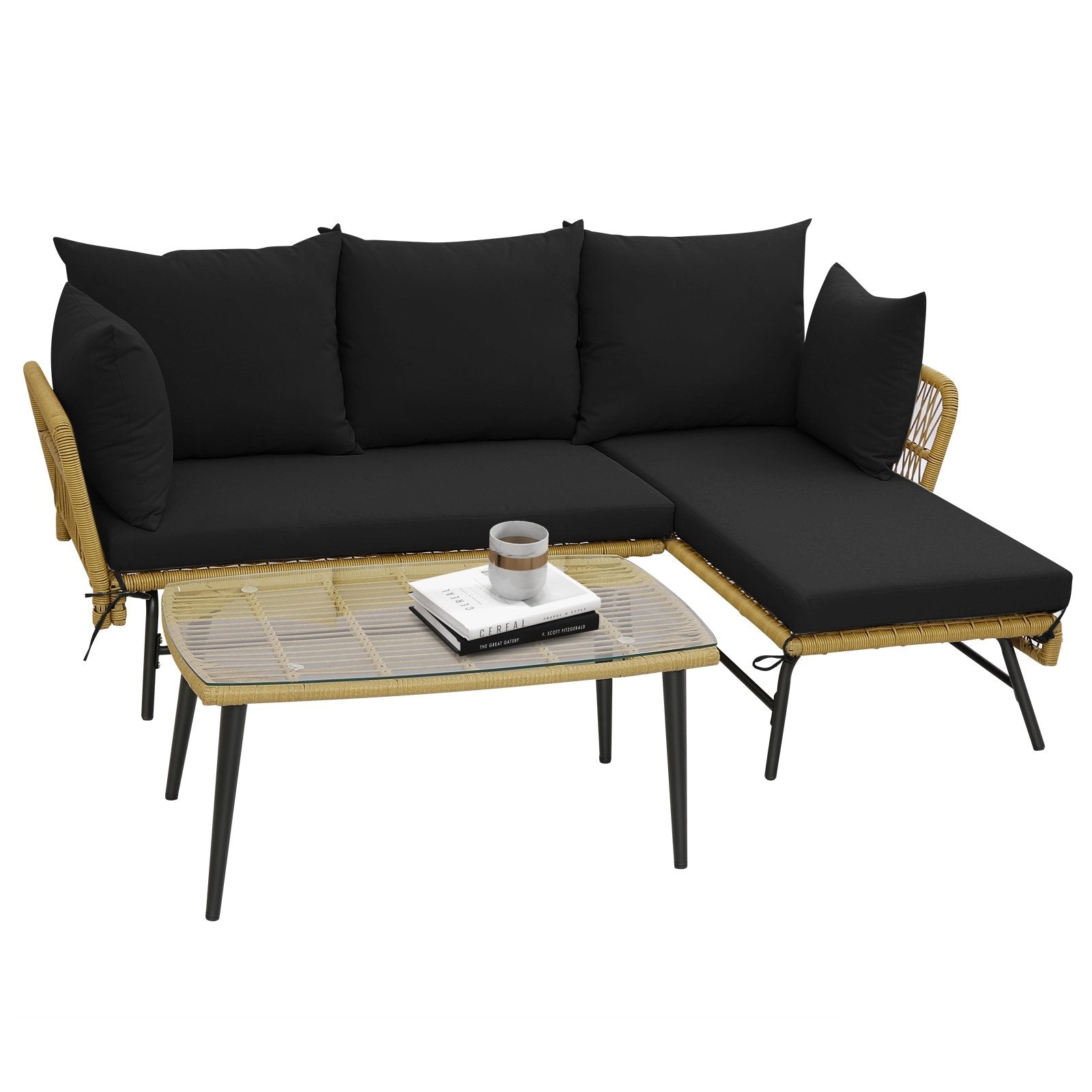 3 Pieces L-Shaped Patio Sofa with Cushions and Tempered Glass Table, Black Patio Conversation Sets   at Gallery Canada