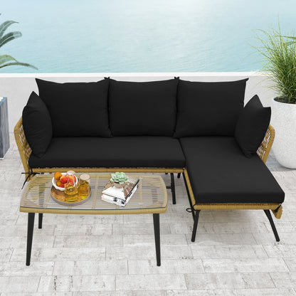 3 Pieces L-Shaped Patio Sofa with Cushions and Tempered Glass Table, Black Patio Conversation Sets   at Gallery Canada