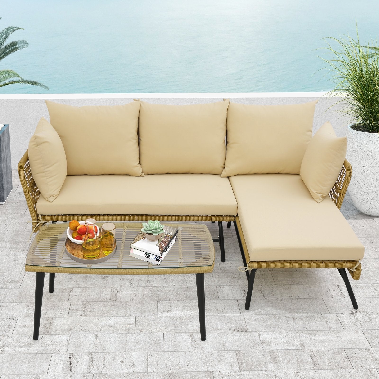 3 Pieces L-Shaped Patio Sofa with Cushions and Tempered Glass Table, Beige Patio Conversation Sets   at Gallery Canada