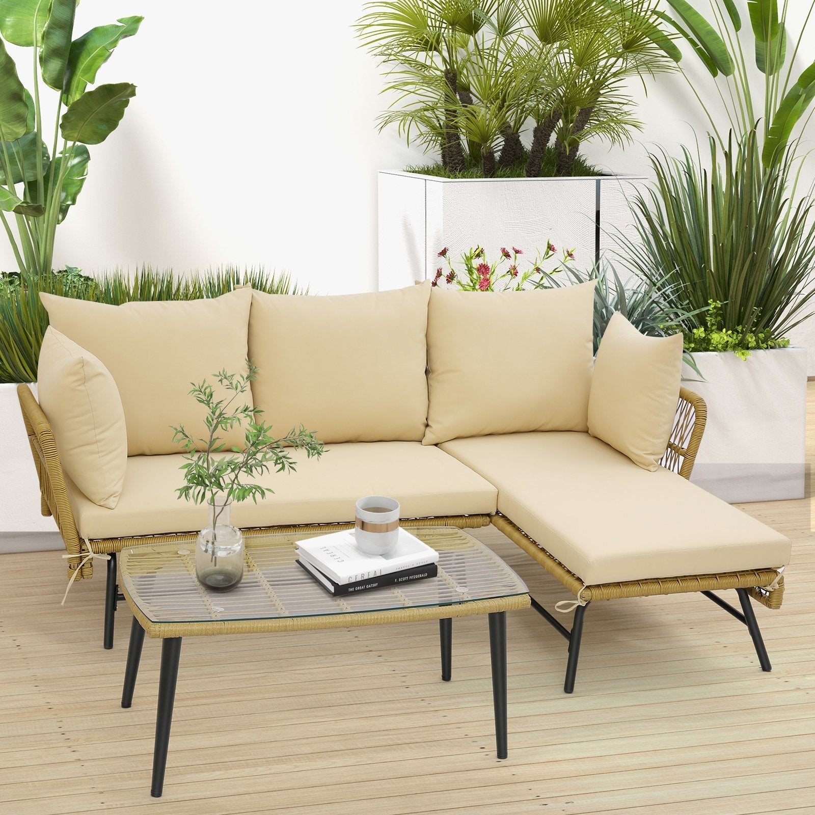 3 Pieces L-Shaped Patio Sofa with Cushions and Tempered Glass Table, Beige Patio Conversation Sets   at Gallery Canada