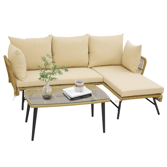 3 Pieces L-Shaped Patio Sofa with Cushions and Tempered Glass Table, Beige Patio Conversation Sets   at Gallery Canada