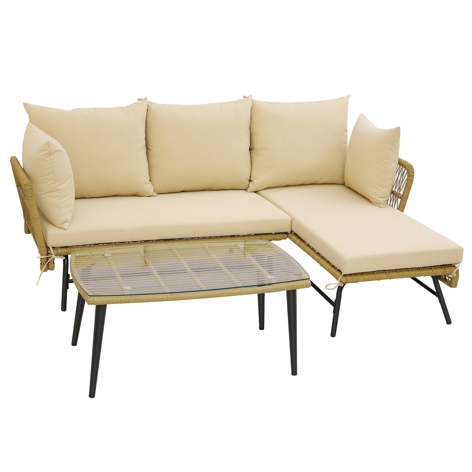 3 Pieces L-Shaped Patio Sofa with Cushions and Tempered Glass Table, Beige Patio Conversation Sets   at Gallery Canada