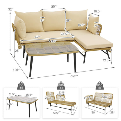 3 Pieces L-Shaped Patio Sofa with Cushions and Tempered Glass Table, Beige Patio Conversation Sets   at Gallery Canada