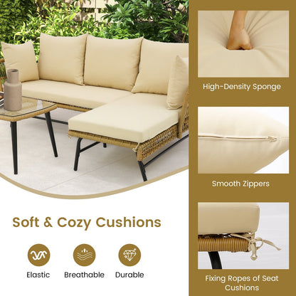 3 Pieces L-Shaped Patio Sofa with Cushions and Tempered Glass Table, Beige Patio Conversation Sets   at Gallery Canada