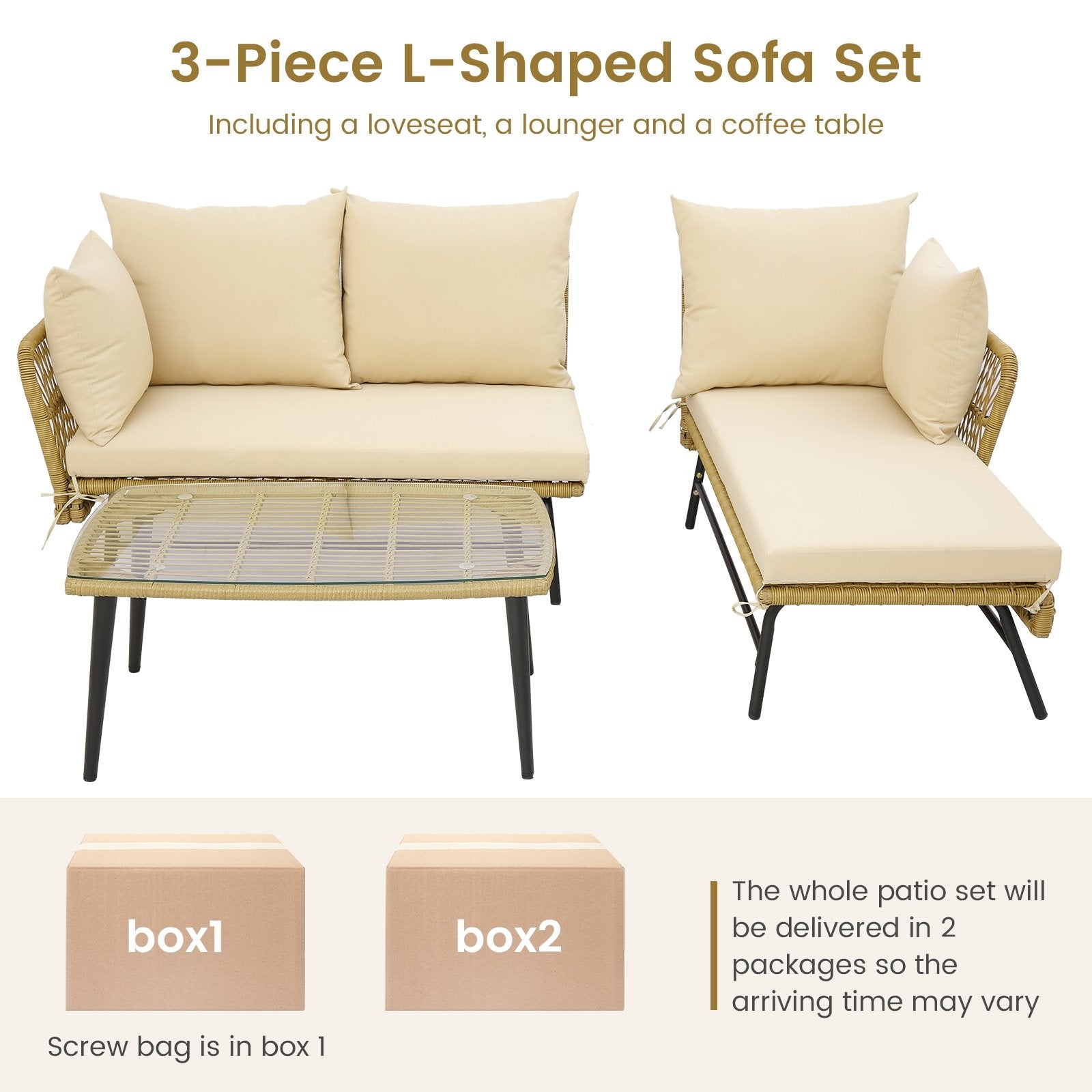 3 Pieces L-Shaped Patio Sofa with Cushions and Tempered Glass Table, Beige Patio Conversation Sets   at Gallery Canada