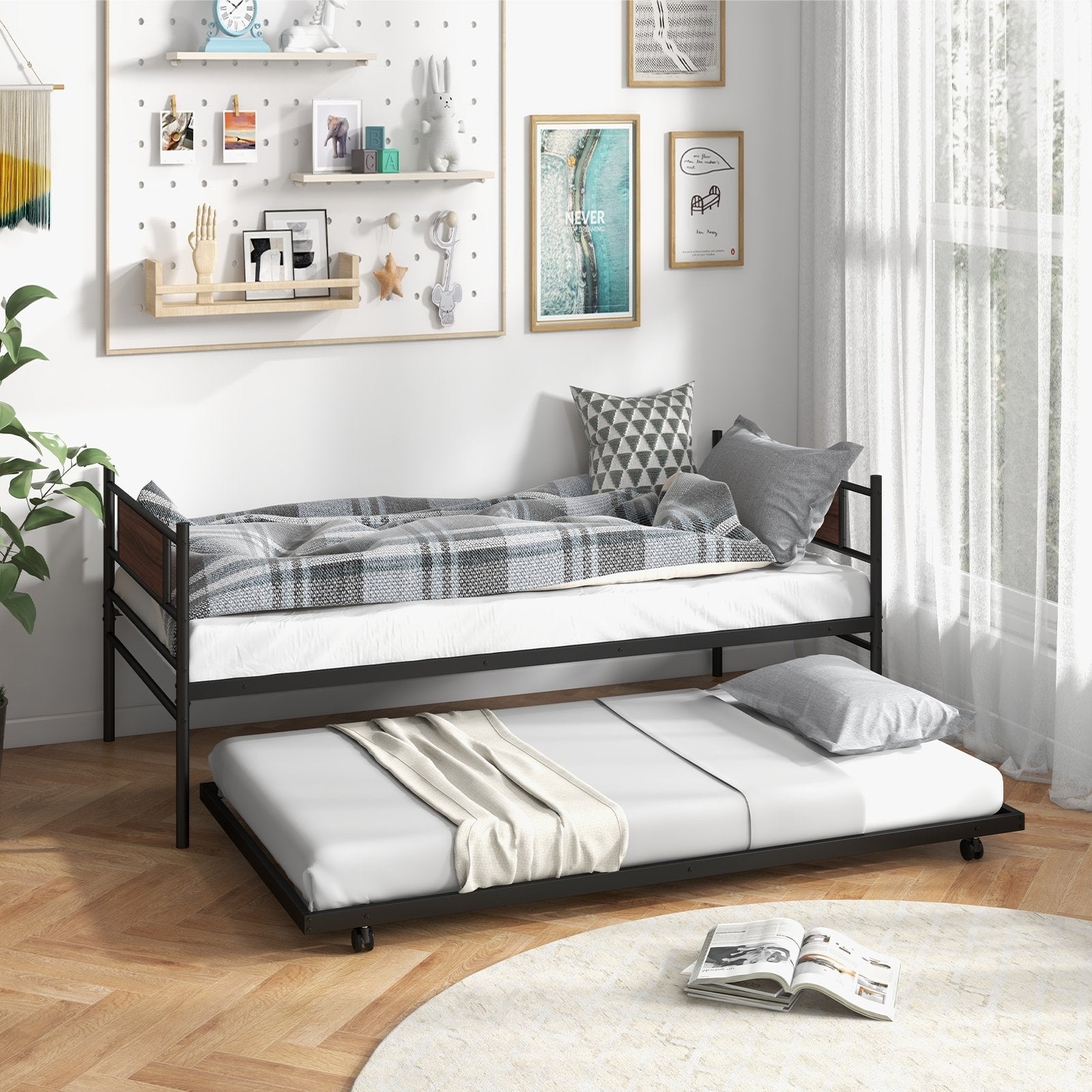 Twin Size Metal Daybed with Trundle and Wood Grain Headboard, Black Trundle Bed Frame   at Gallery Canada