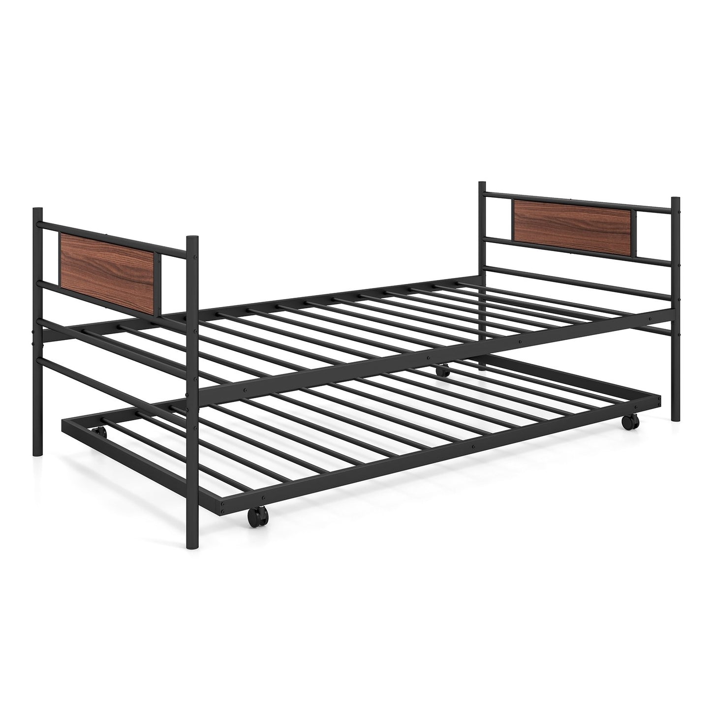 Twin Size Metal Daybed with Trundle and Wood Grain Headboard, Black Trundle Bed Frame   at Gallery Canada