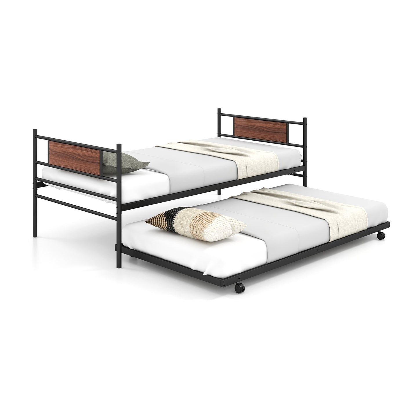 Twin Size Metal Daybed with Trundle and Wood Grain Headboard, Black Trundle Bed Frame   at Gallery Canada