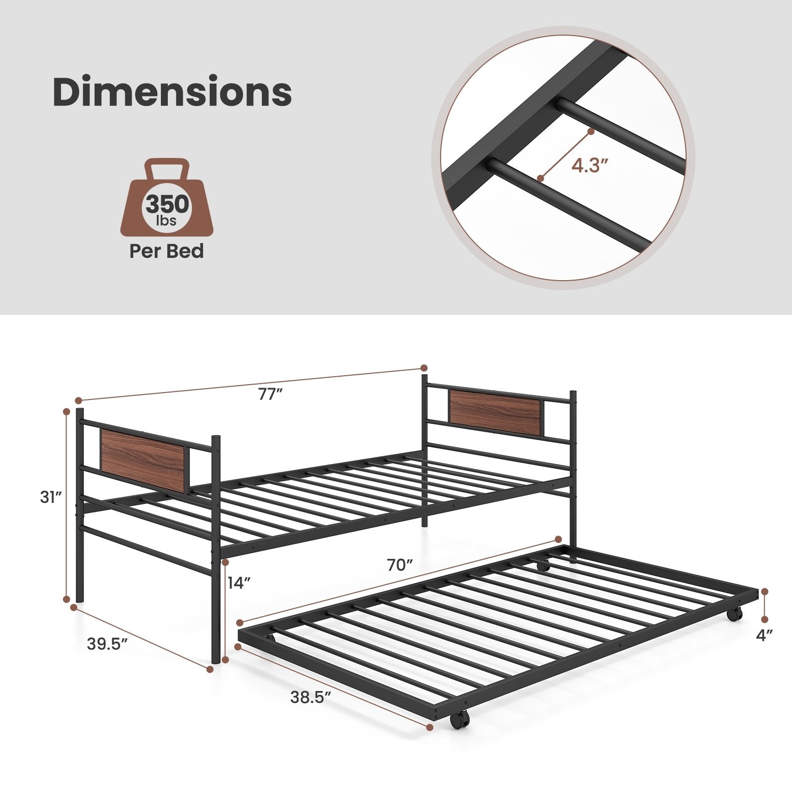 Twin Size Metal Daybed with Trundle and Wood Grain Headboard, Black Trundle Bed Frame   at Gallery Canada