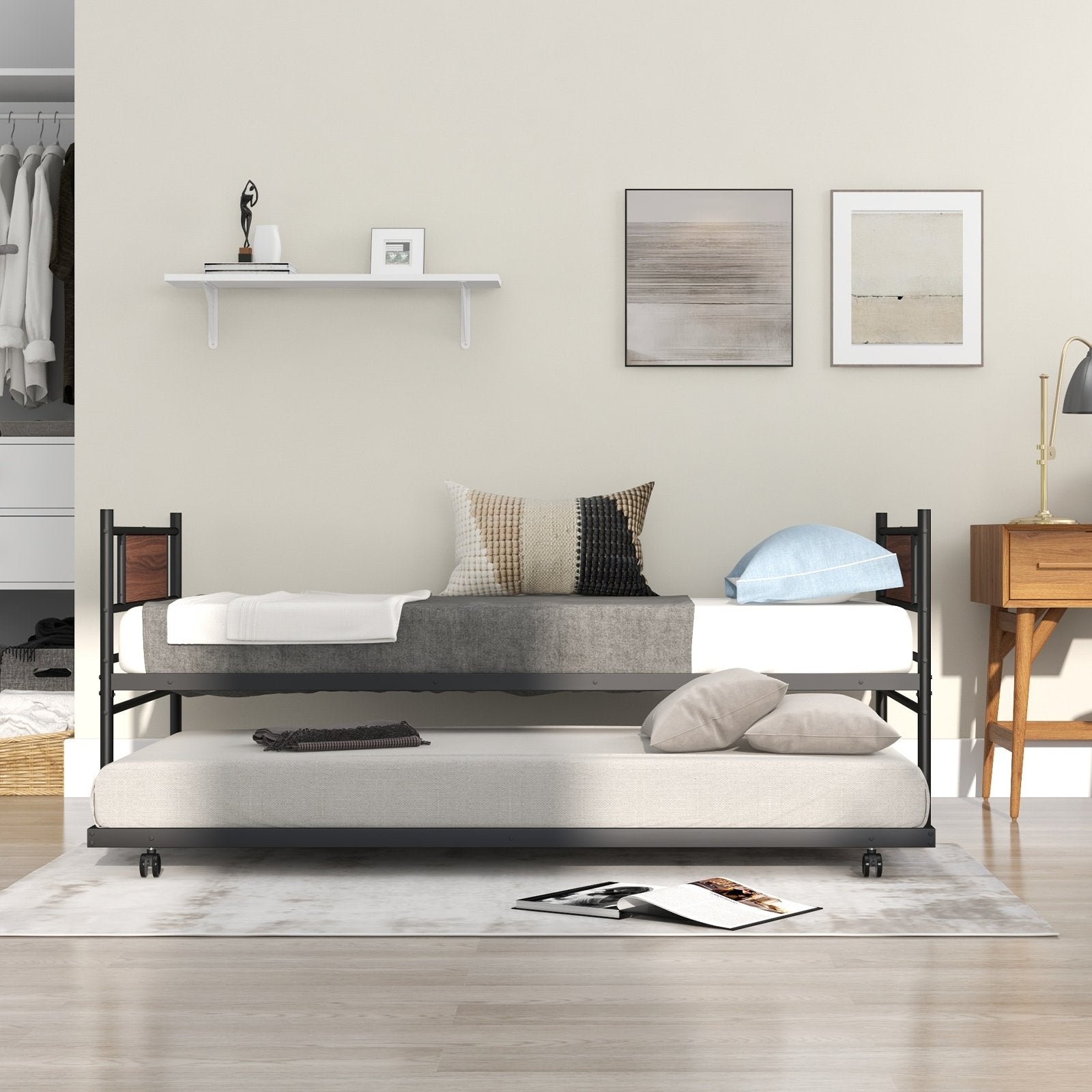 Twin Size Metal Daybed with Trundle and Wood Grain Headboard, Black Trundle Bed Frame   at Gallery Canada