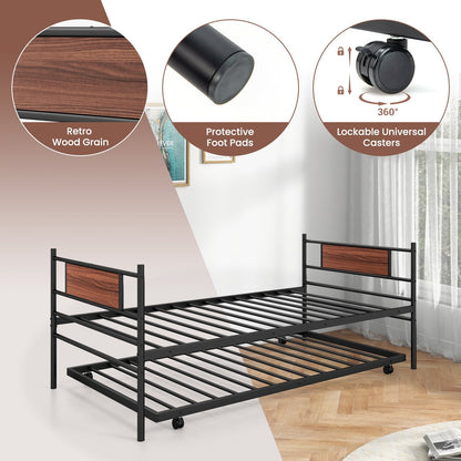 Twin Size Metal Daybed with Trundle and Wood Grain Headboard, Black Trundle Bed Frame   at Gallery Canada