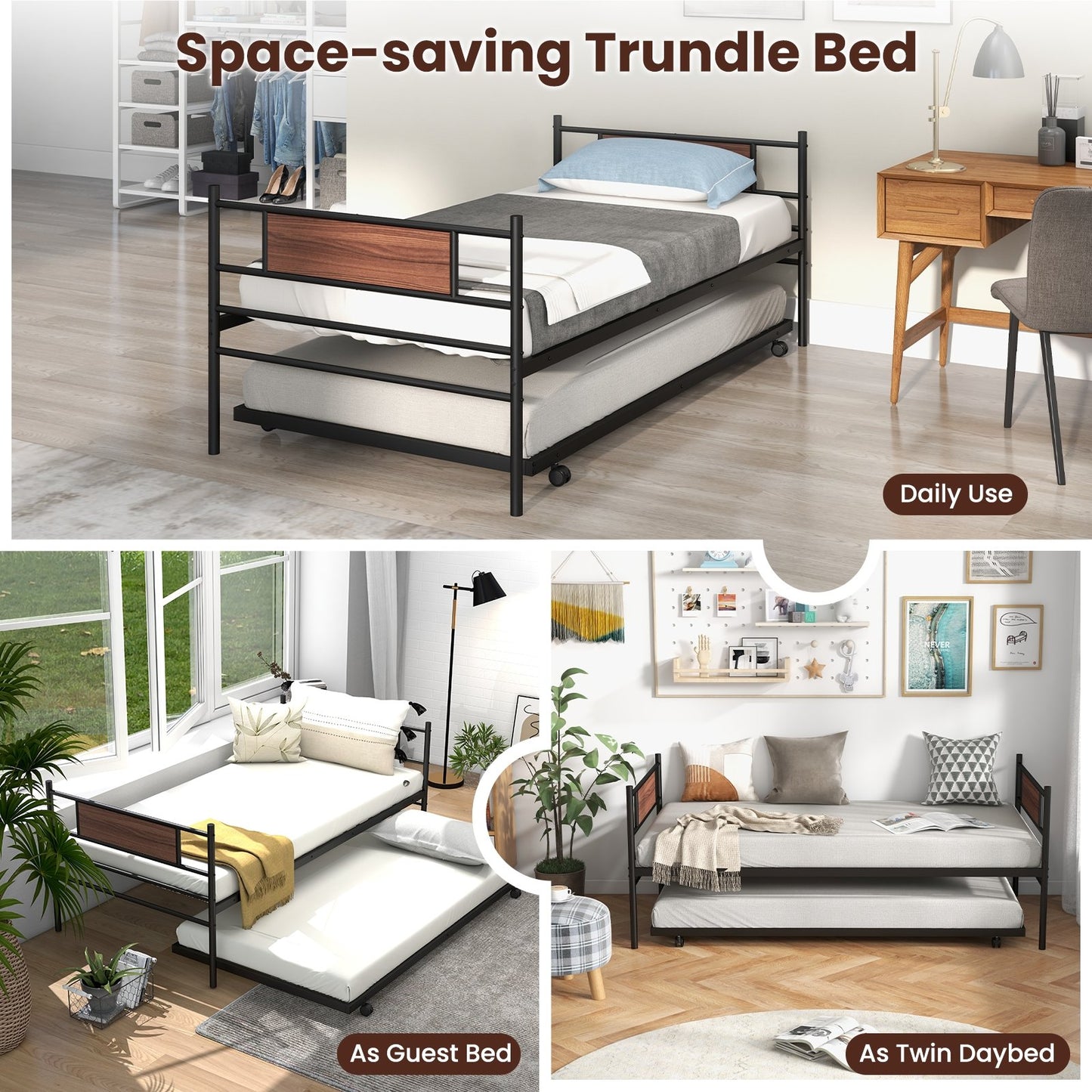 Twin Size Metal Daybed with Trundle and Wood Grain Headboard, Black Trundle Bed Frame   at Gallery Canada