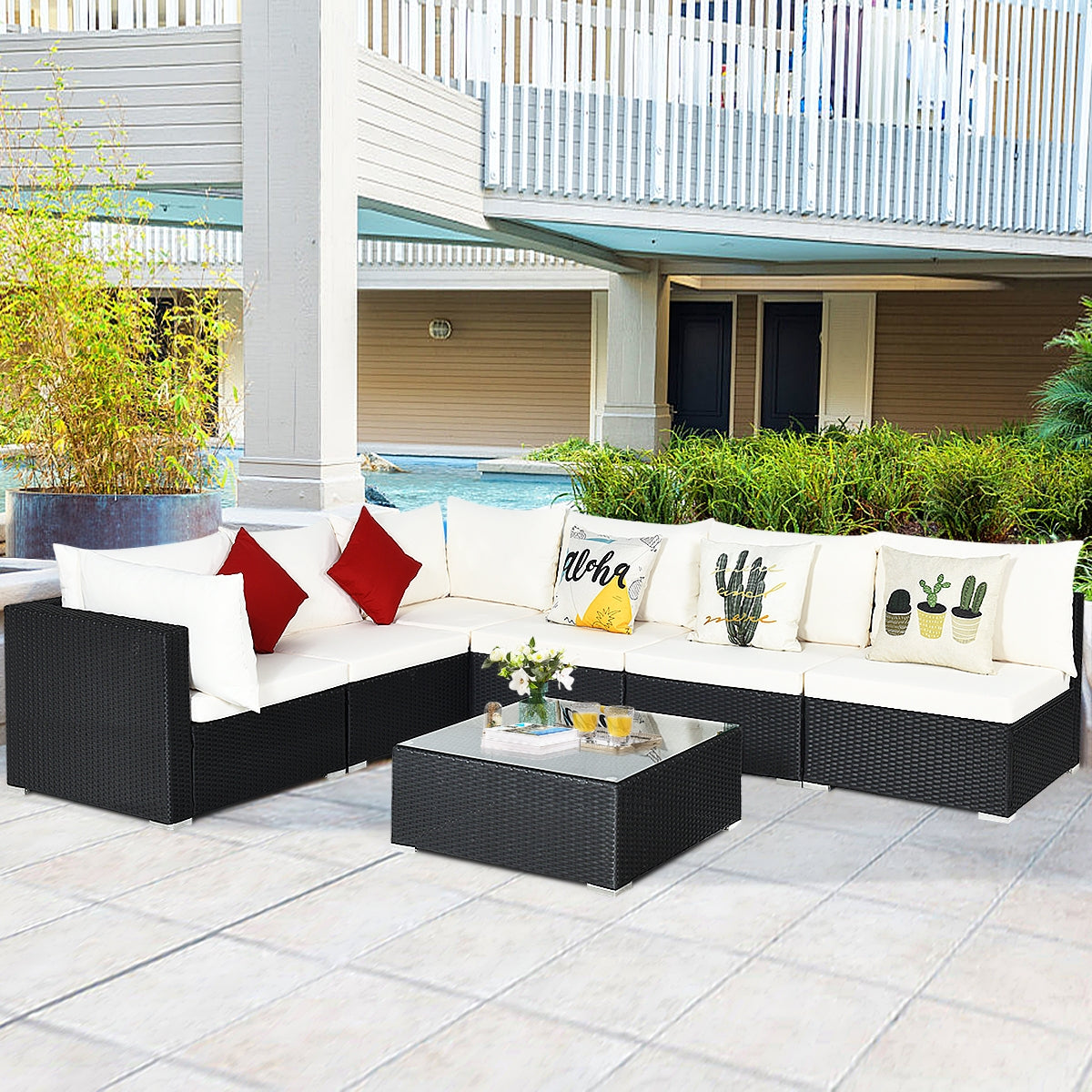 7 Pieces Sectional Wicker Furniture Sofa Set with Tempered Glass Top, Gray & Off White Outdoor Sectionals   at Gallery Canada