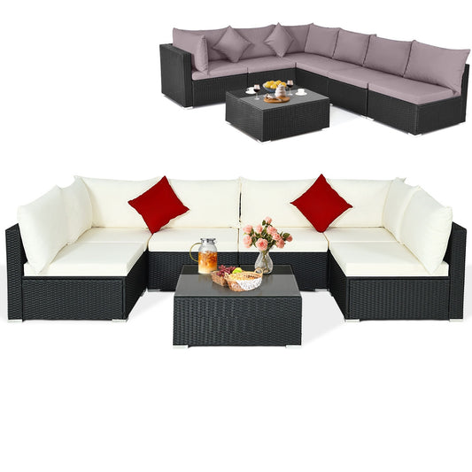 7 Pieces Sectional Wicker Furniture Sofa Set with Tempered Glass Top, Gray & Off White Outdoor Sectionals Gray & Off White  at Gallery Canada