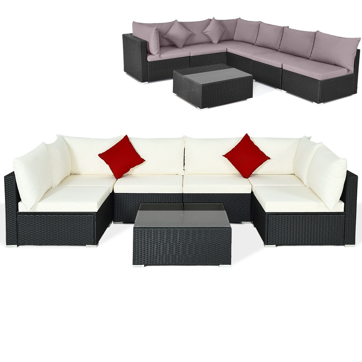 7 Pieces Sectional Wicker Furniture Sofa Set with Tempered Glass Top, Gray & Off White Outdoor Sectionals   at Gallery Canada