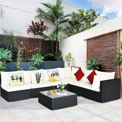 7 Pieces Sectional Wicker Furniture Sofa Set with Tempered Glass Top, Gray & Off White Outdoor Sectionals   at Gallery Canada