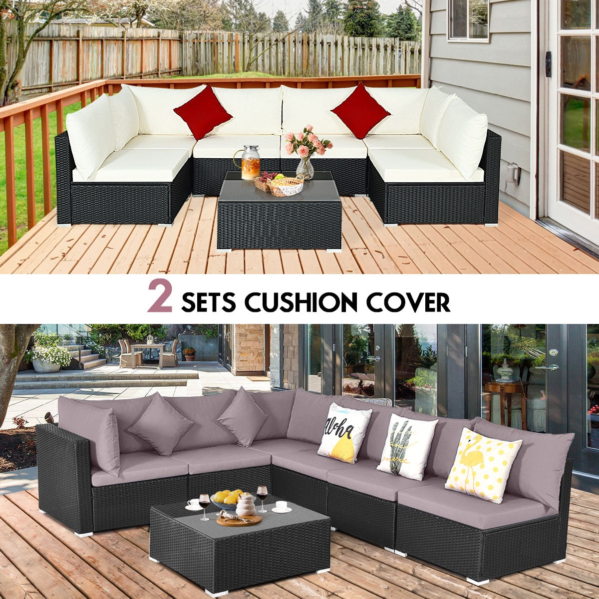 7 Pieces Sectional Wicker Furniture Sofa Set with Tempered Glass Top, Gray & Off White Outdoor Sectionals   at Gallery Canada