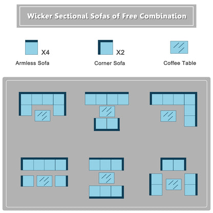 7 Pieces Sectional Wicker Furniture Sofa Set with Tempered Glass Top, Gray & Off White Outdoor Sectionals   at Gallery Canada