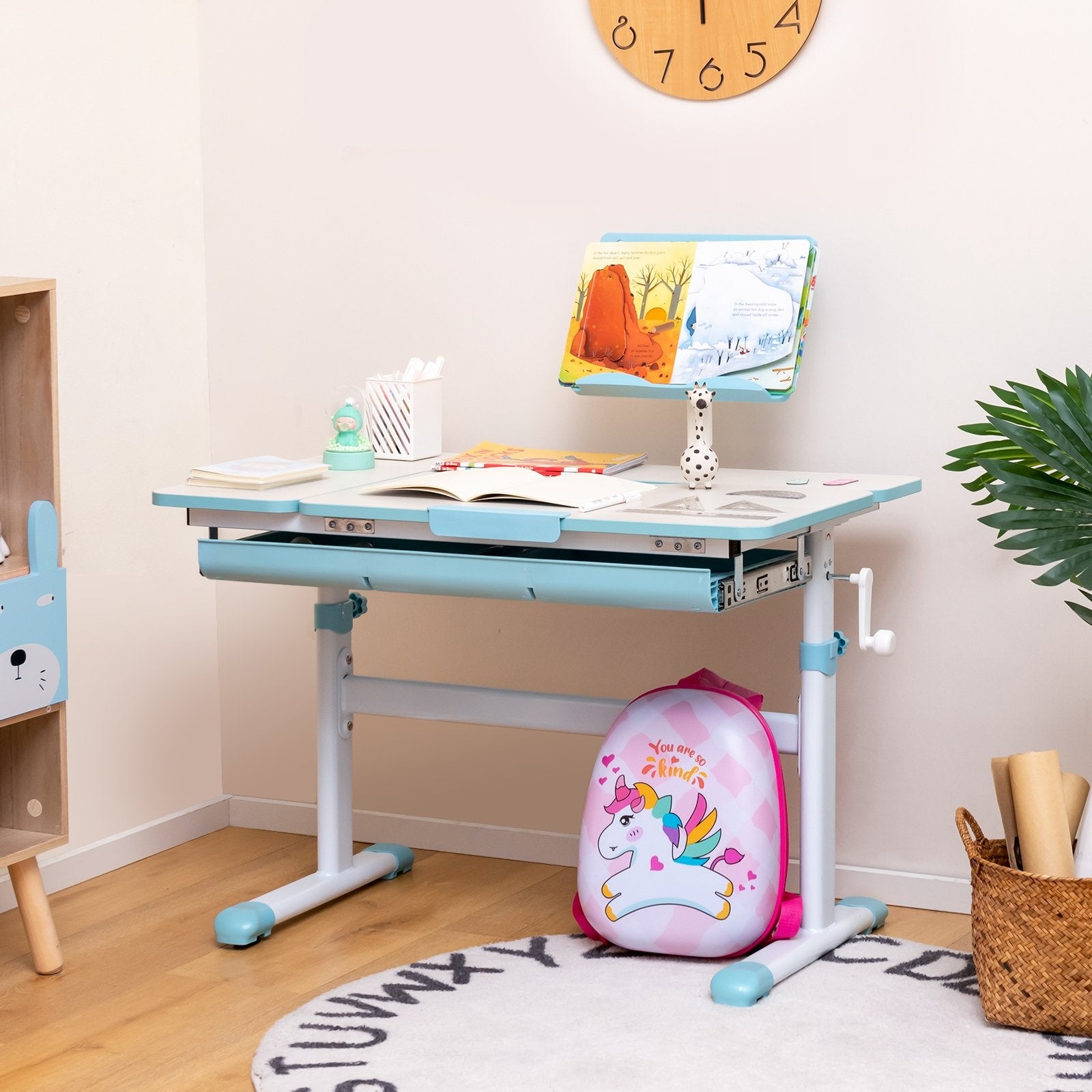 Height-Adjustable Kids Desk with Tilt Desktop and Book Stand, Blue Kids Table & Chair Sets   at Gallery Canada