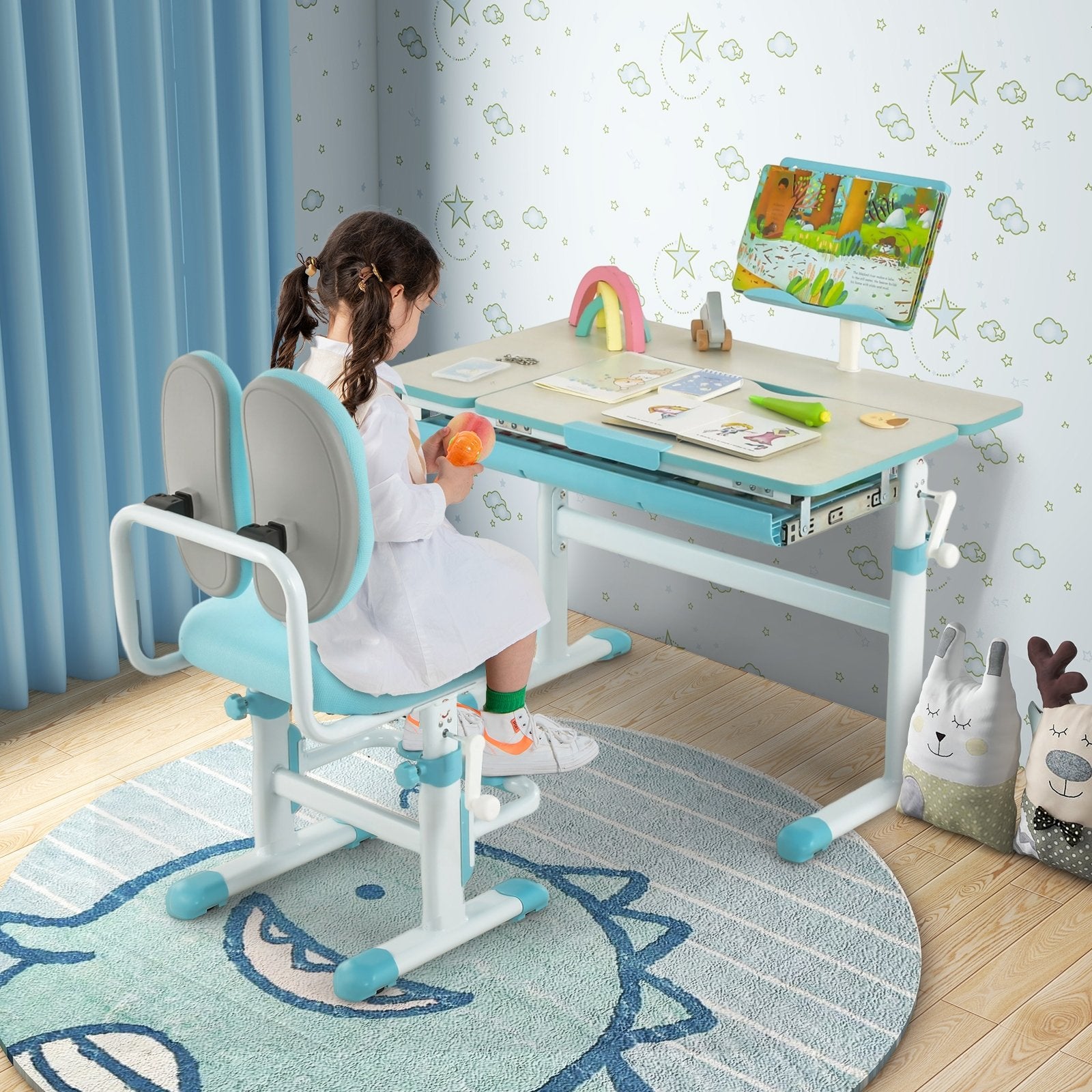 Height-Adjustable Kids Desk with Tilt Desktop and Book Stand, Blue Kids Table & Chair Sets   at Gallery Canada