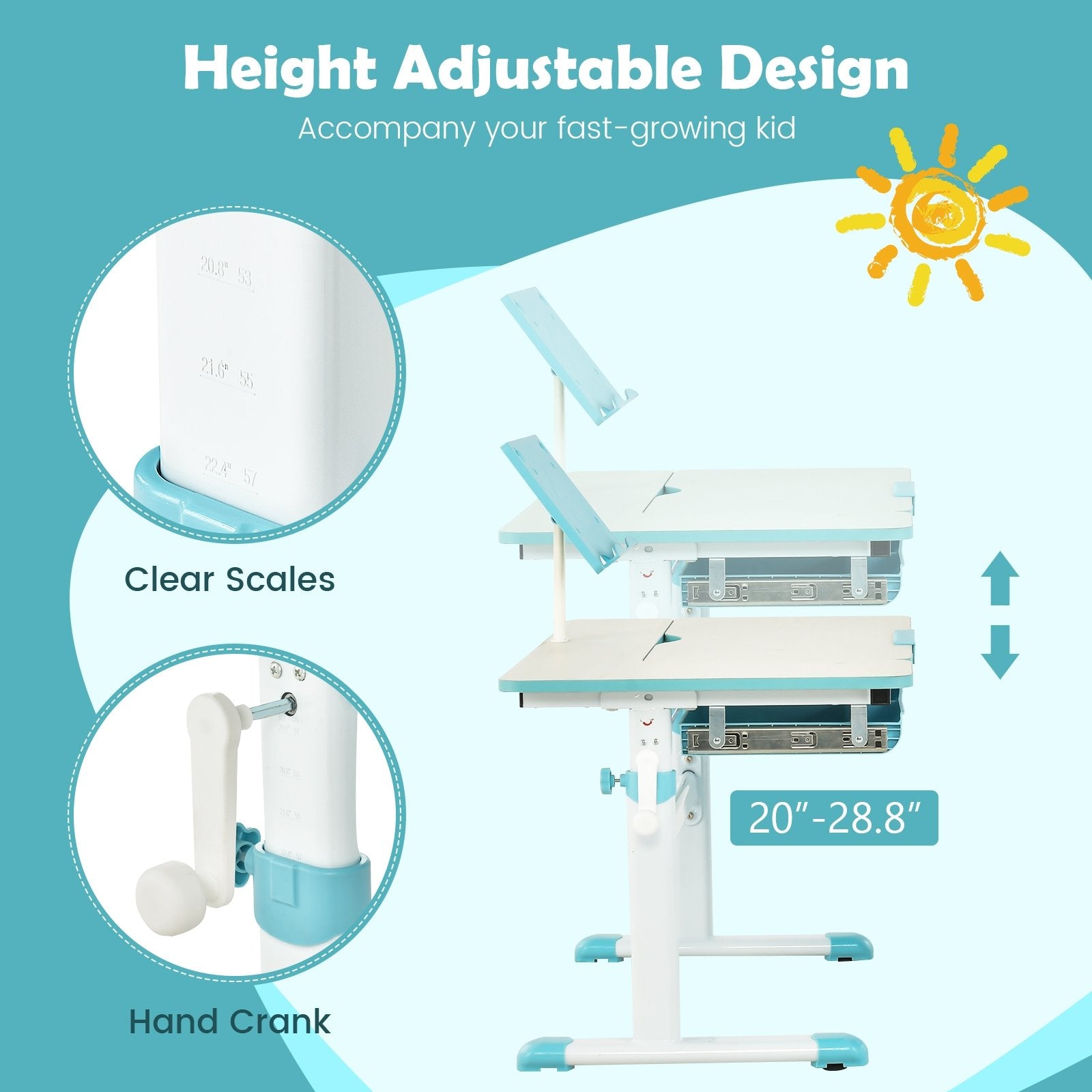 Height-Adjustable Kids Desk with Tilt Desktop and Book Stand, Blue Kids Table & Chair Sets   at Gallery Canada