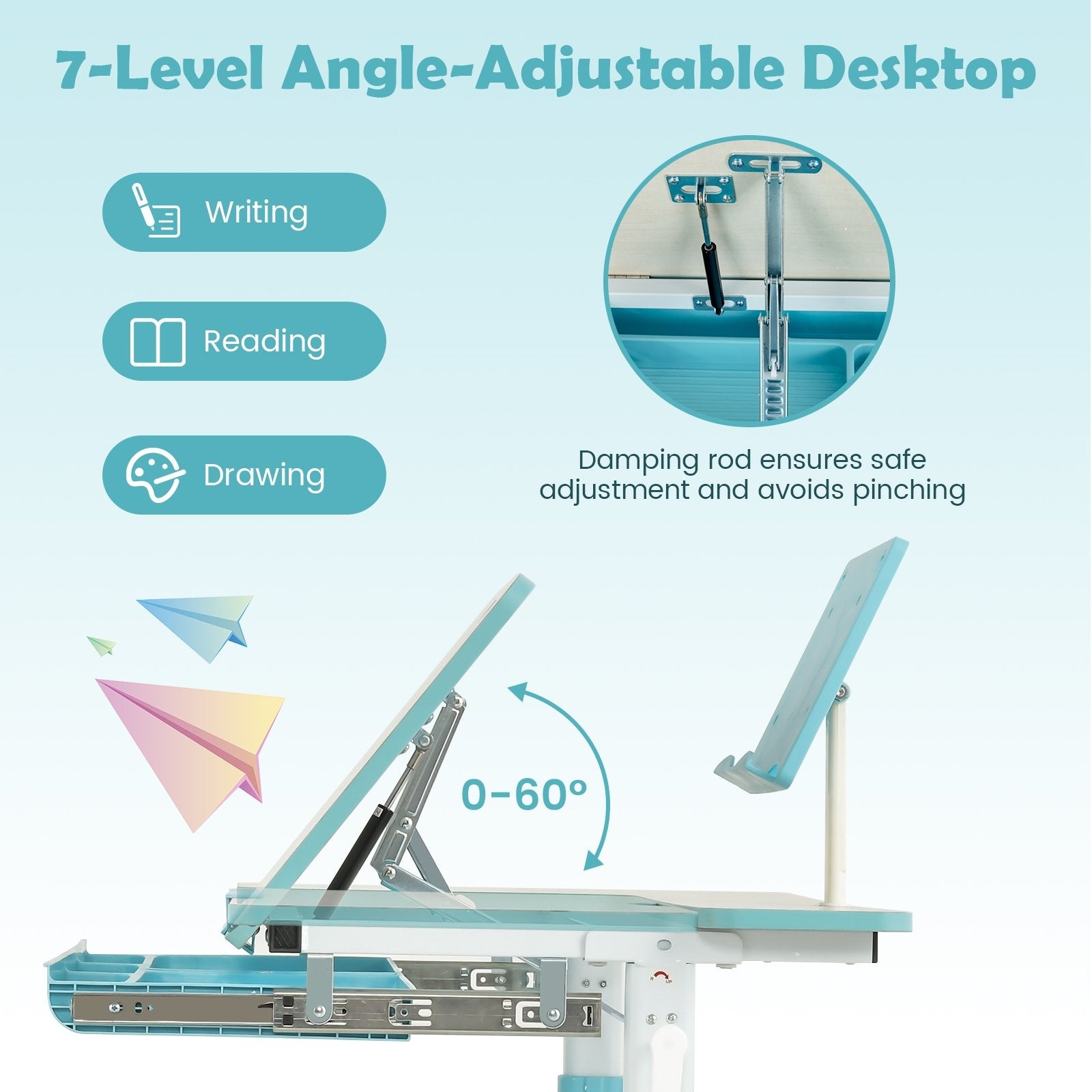 Height-Adjustable Kids Desk with Tilt Desktop and Book Stand, Blue Kids Table & Chair Sets   at Gallery Canada