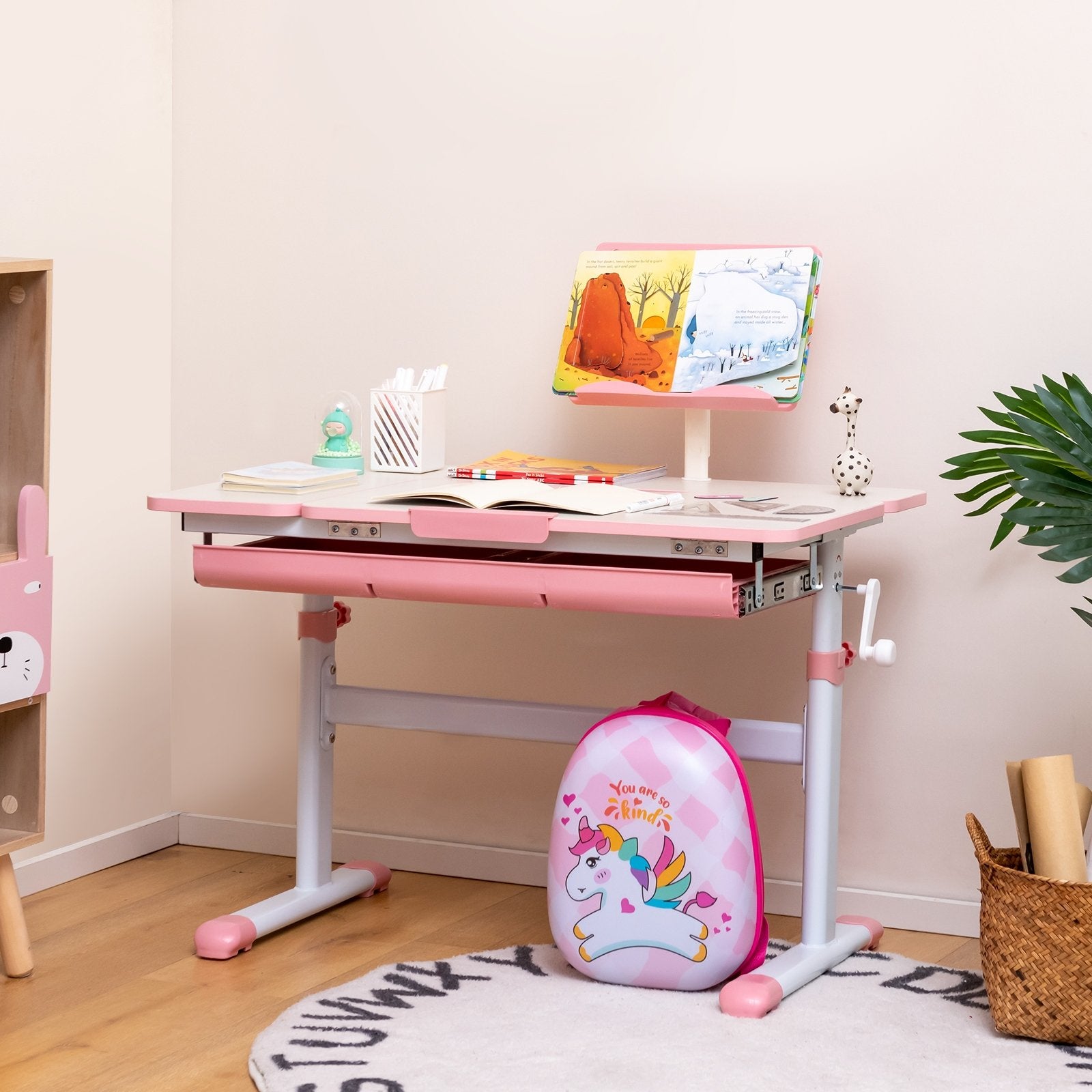 Height-Adjustable Kids Desk with Tilt Desktop and Book Stand, Pink Kids Table & Chair Sets   at Gallery Canada