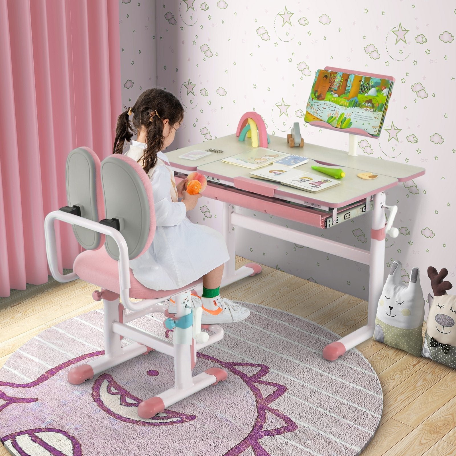 Height-Adjustable Kids Desk with Tilt Desktop and Book Stand, Pink Kids Table & Chair Sets   at Gallery Canada