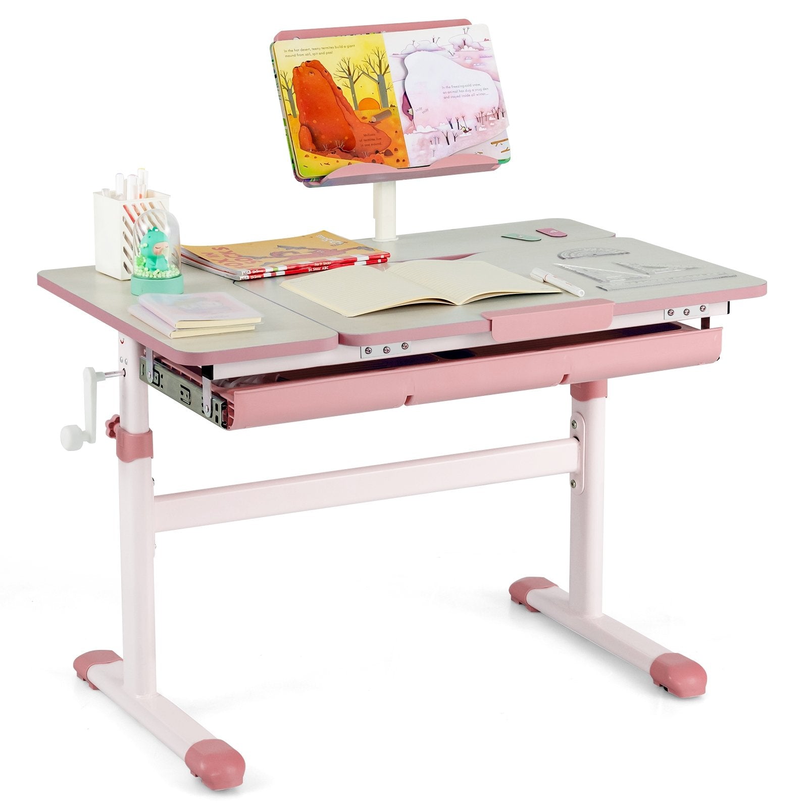 Height-Adjustable Kids Desk with Tilt Desktop and Book Stand, Pink Kids Table & Chair Sets   at Gallery Canada