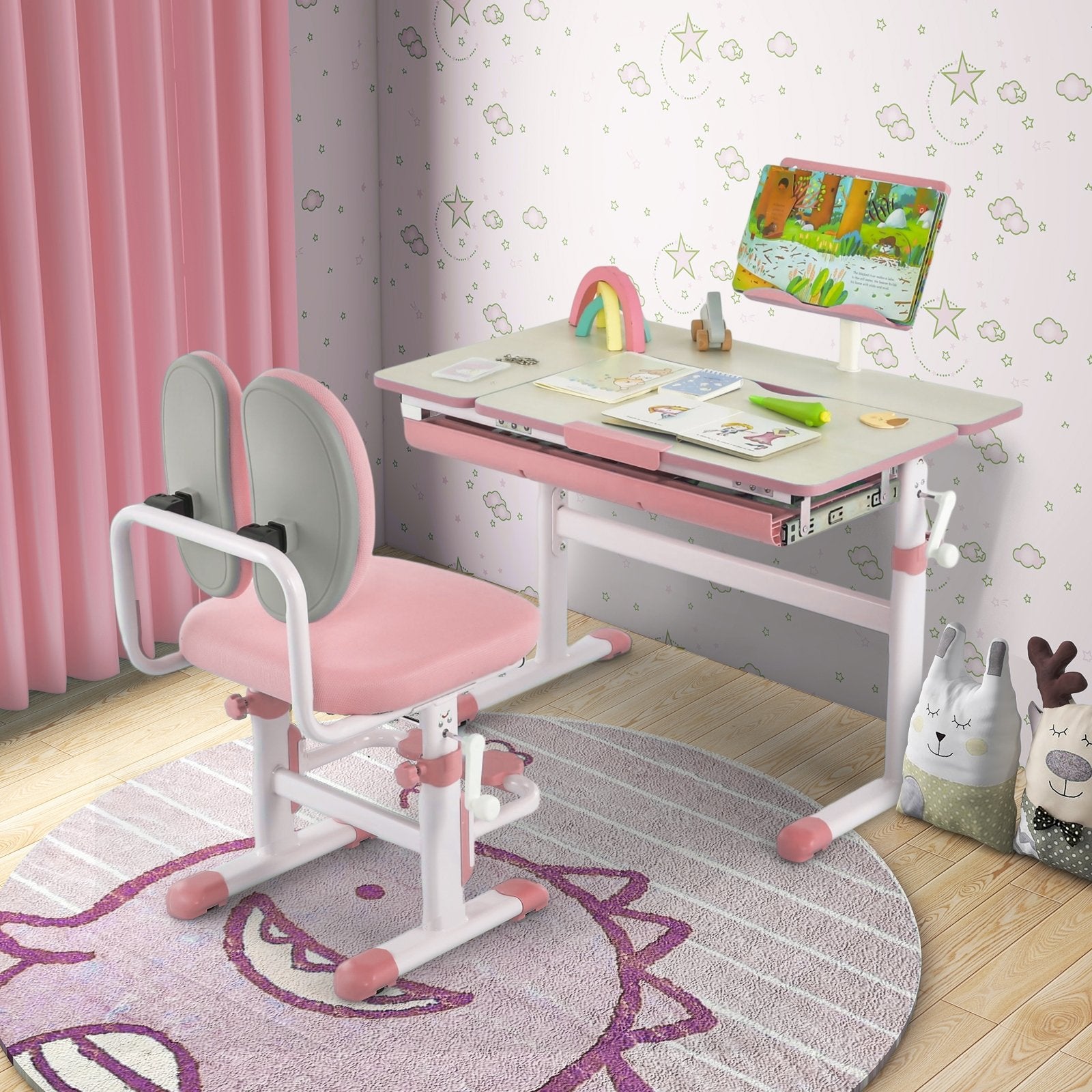 Height-Adjustable Kids Desk with Tilt Desktop and Book Stand, Pink Kids Table & Chair Sets   at Gallery Canada