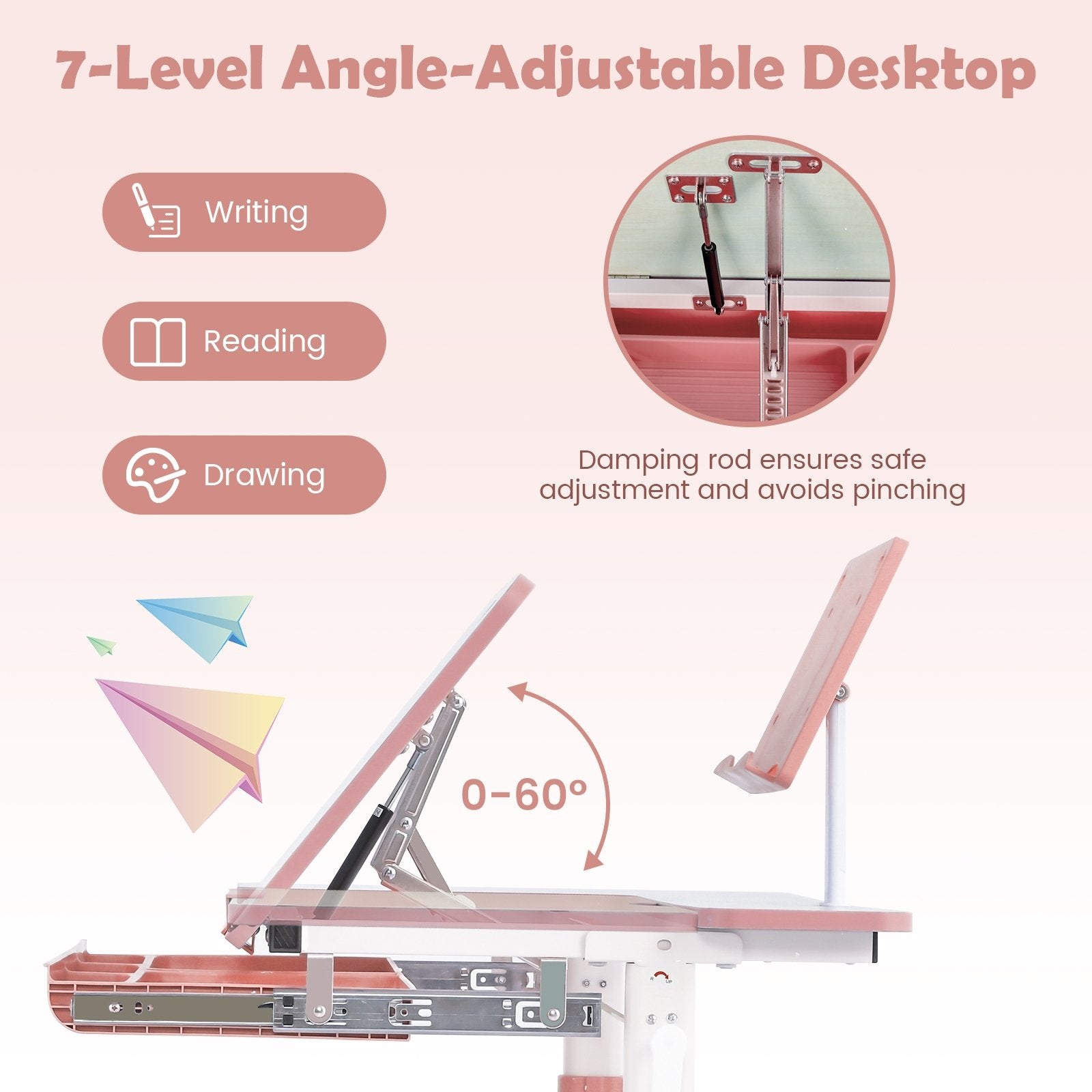 Height-Adjustable Kids Desk with Tilt Desktop and Book Stand, Pink Kids Table & Chair Sets   at Gallery Canada