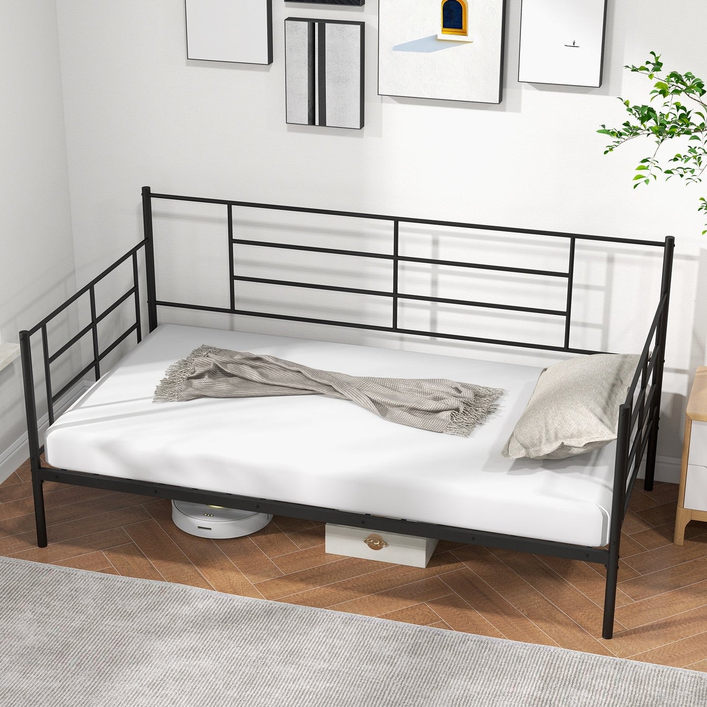 Twin Size Metal Daybed Sofa Bed Frame with Armrests and Backrest, Black Simple Bed Frame   at Gallery Canada