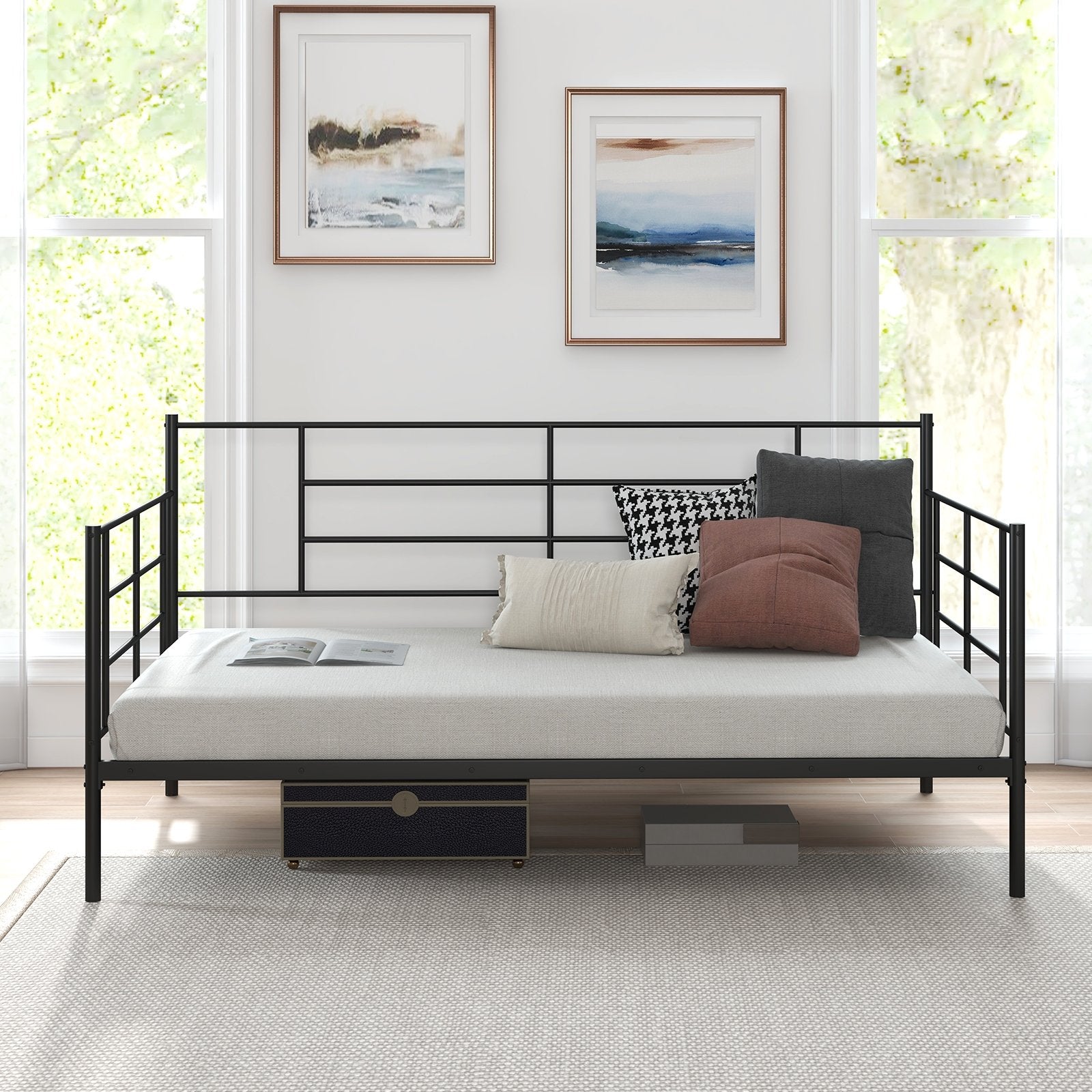 Twin Size Metal Daybed Sofa Bed Frame with Armrests and Backrest, Black Simple Bed Frame   at Gallery Canada