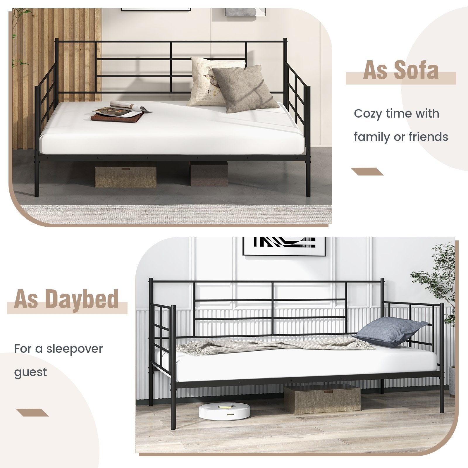 Twin Size Metal Daybed Sofa Bed Frame with Armrests and Backrest, Black Simple Bed Frame   at Gallery Canada