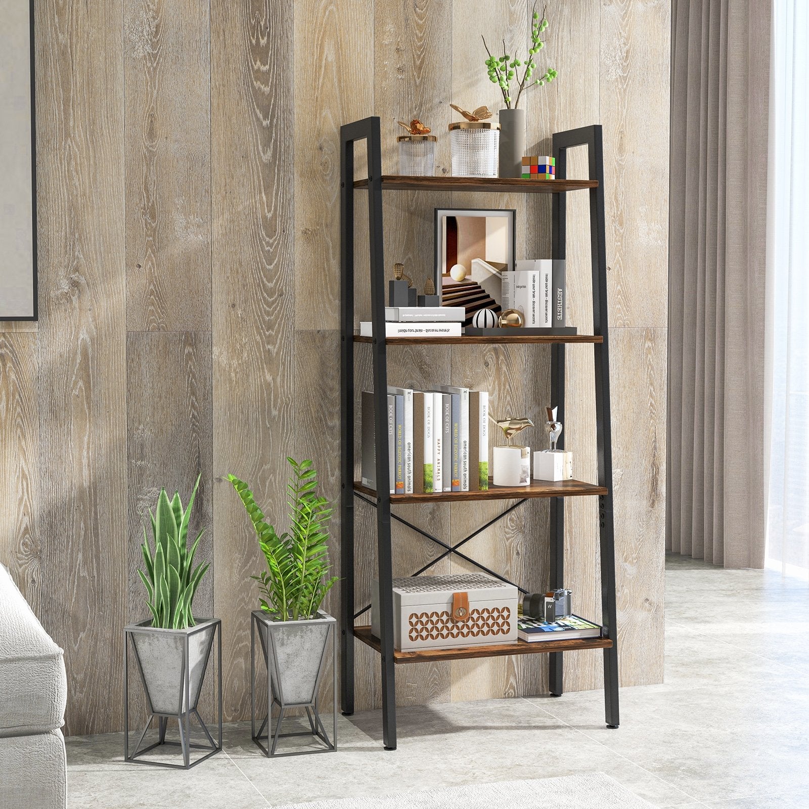 4-Tier Bookshelf with Metal Frame and Adjustable Foot Pads, Rustic Brown Bookcases   at Gallery Canada