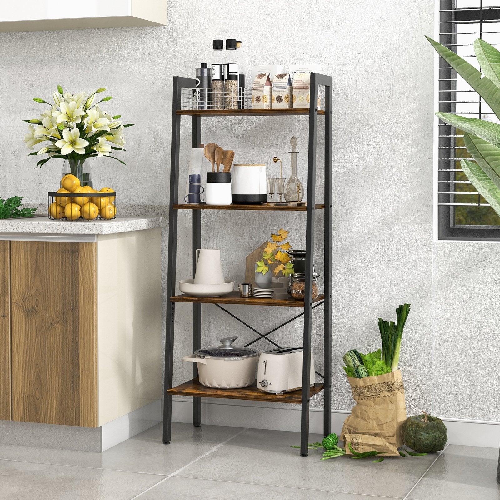 4-Tier Bookshelf with Metal Frame and Adjustable Foot Pads, Rustic Brown Bookcases   at Gallery Canada