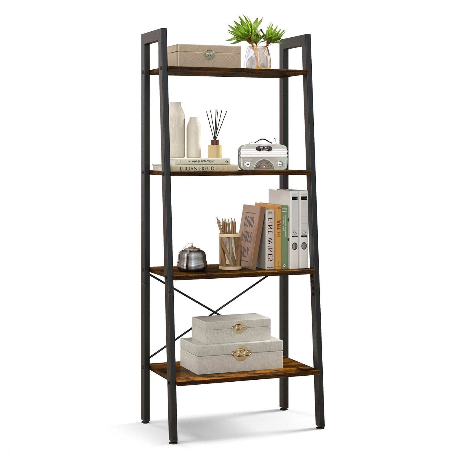 4-Tier Bookshelf with Metal Frame and Adjustable Foot Pads, Rustic Brown Bookcases   at Gallery Canada