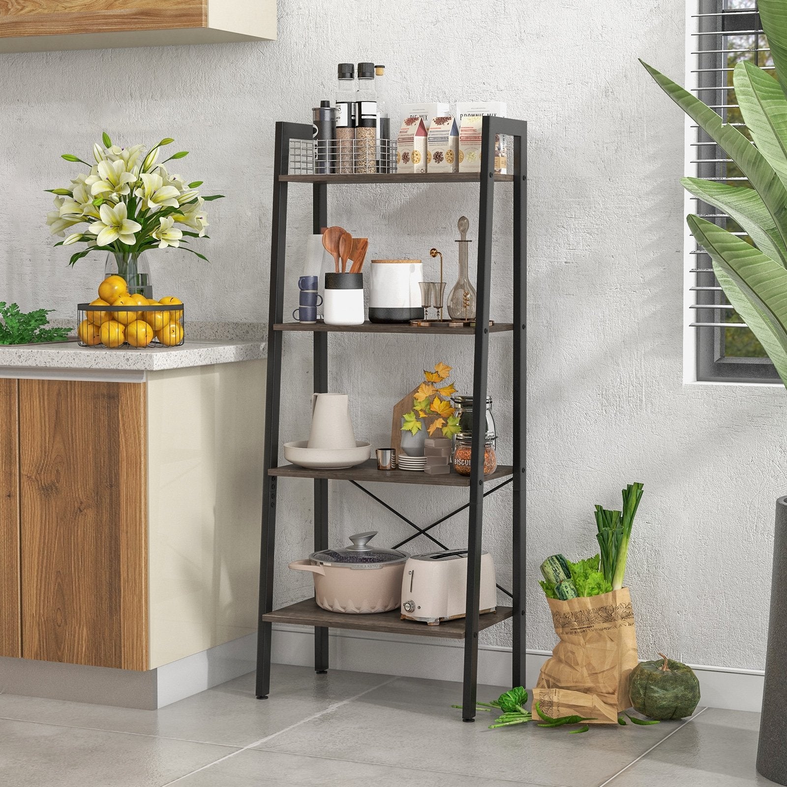 4-Tier Bookshelf with Metal Frame and Adjustable Foot Pads, Oak Bookcases   at Gallery Canada