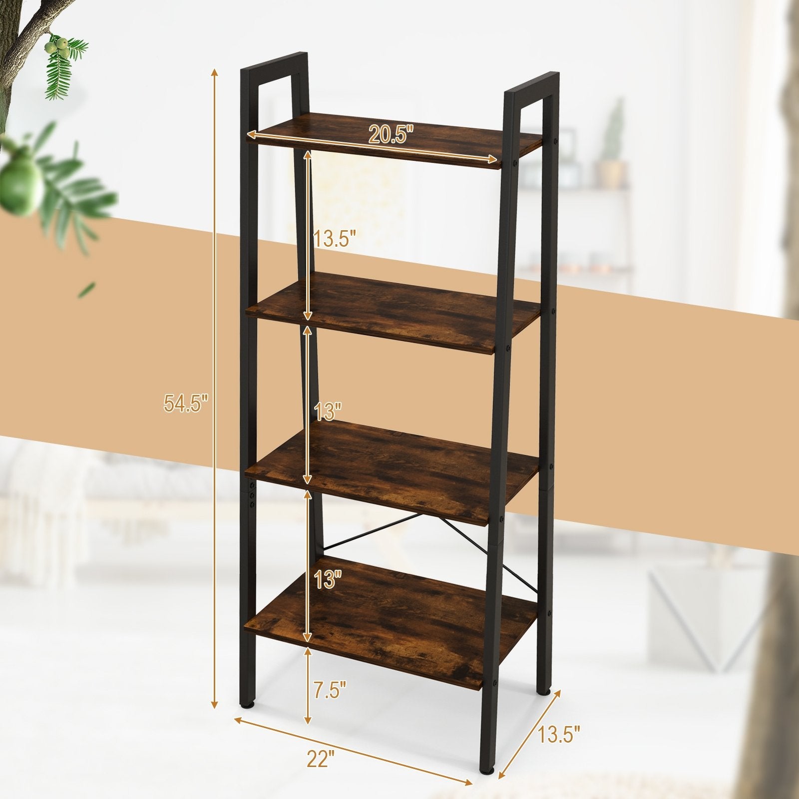 4-Tier Bookshelf with Metal Frame and Adjustable Foot Pads, Rustic Brown Bookcases   at Gallery Canada