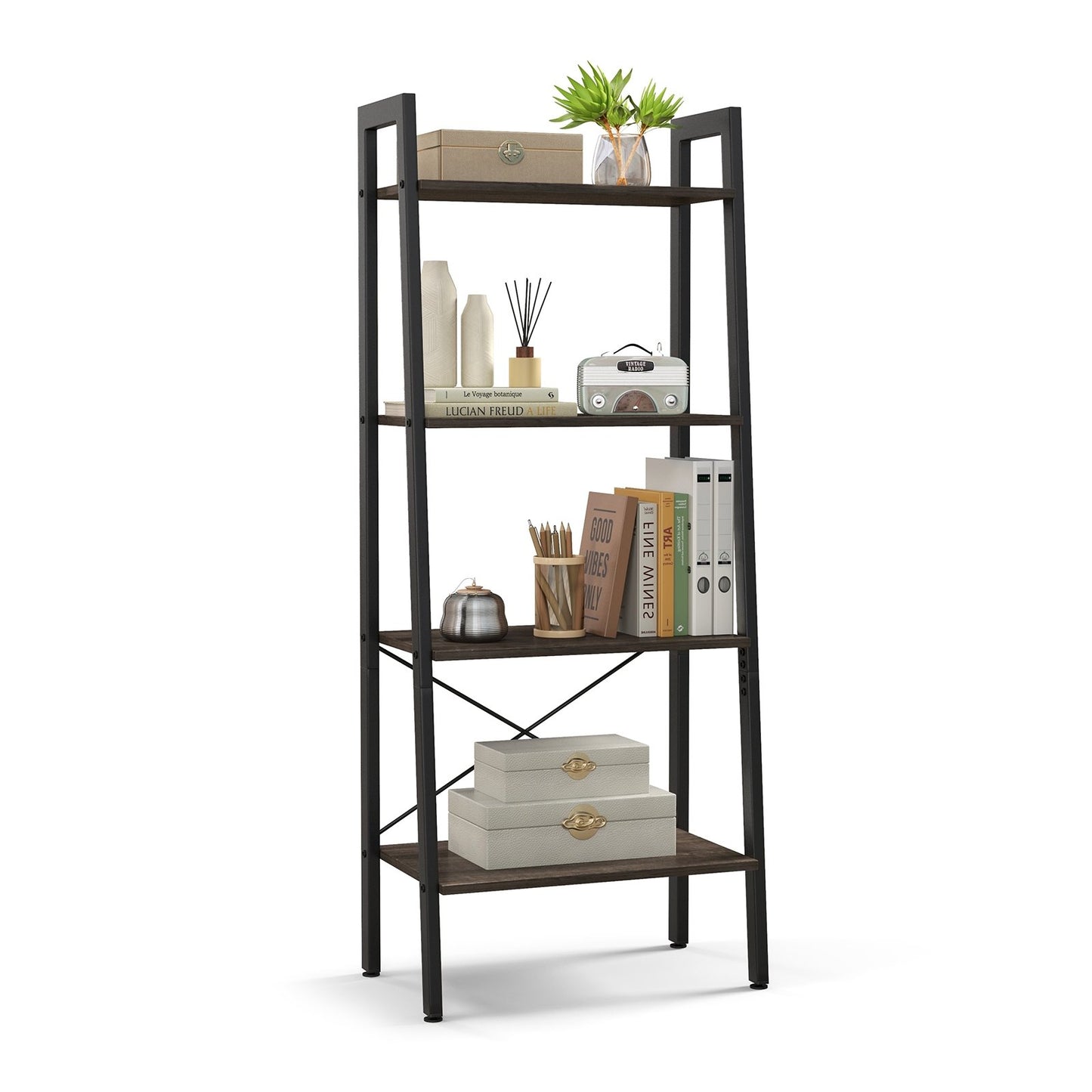 4-Tier Bookshelf with Metal Frame and Adjustable Foot Pads, Oak Bookcases   at Gallery Canada