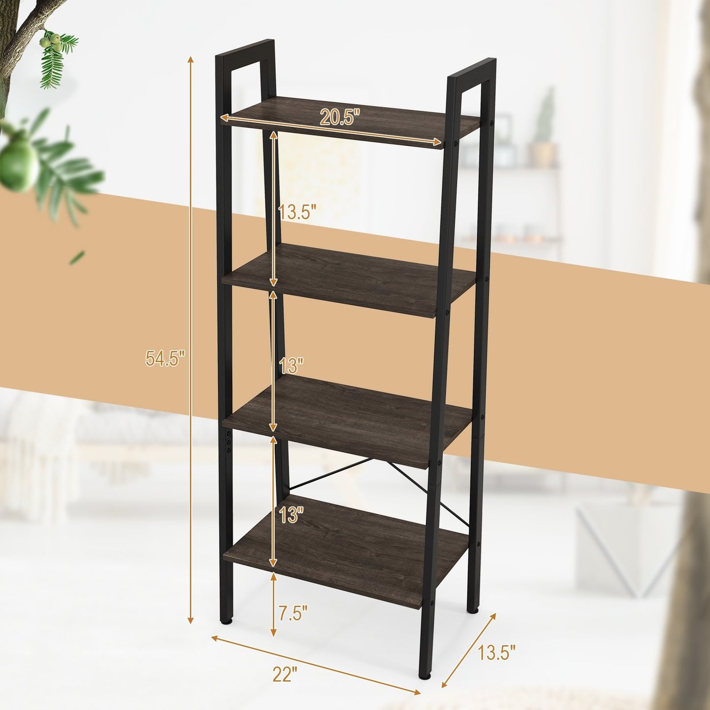 4-Tier Bookshelf with Metal Frame and Adjustable Foot Pads, Oak Bookcases   at Gallery Canada