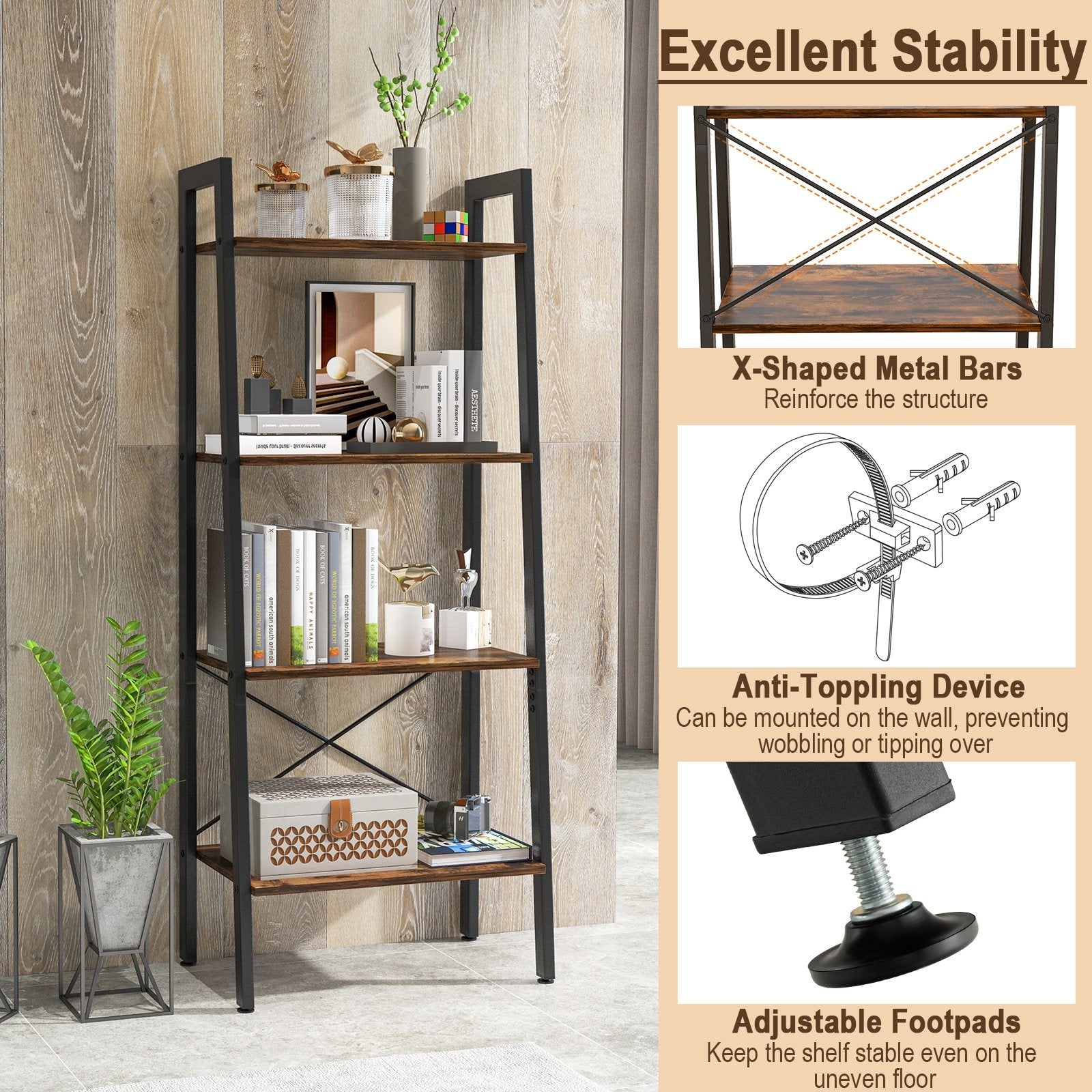 4-Tier Bookshelf with Metal Frame and Adjustable Foot Pads, Rustic Brown Bookcases   at Gallery Canada