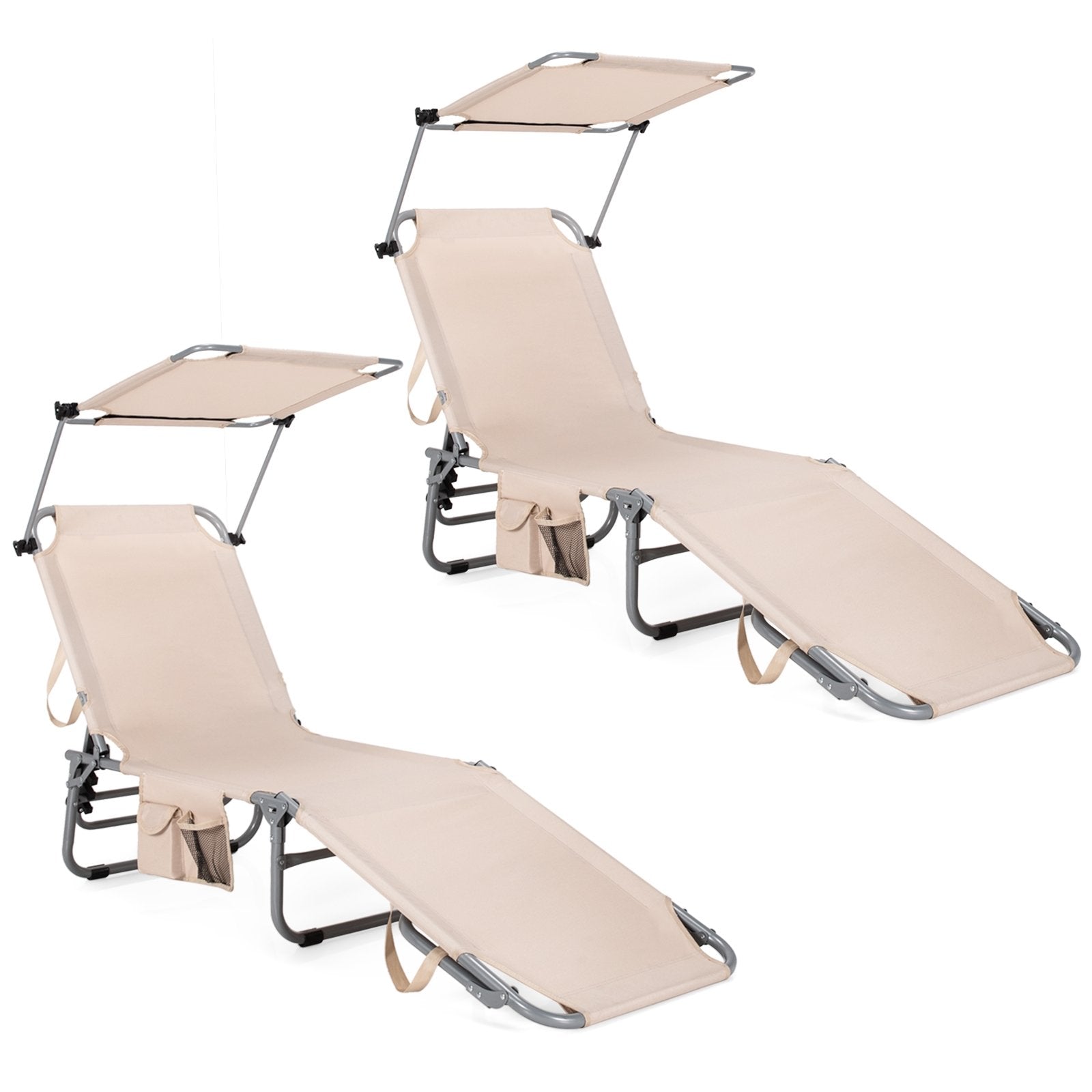 Set of 2 Portable Reclining Chair with 5 Adjustable Positions, Beige Outdoor Chaise Lounges   at Gallery Canada