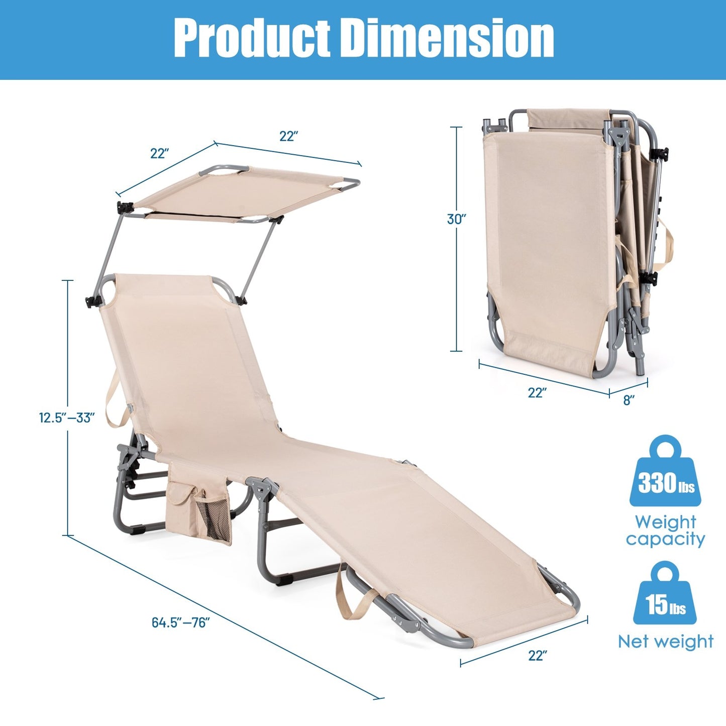 Set of 2 Portable Reclining Chair with 5 Adjustable Positions, Beige Outdoor Chaise Lounges   at Gallery Canada